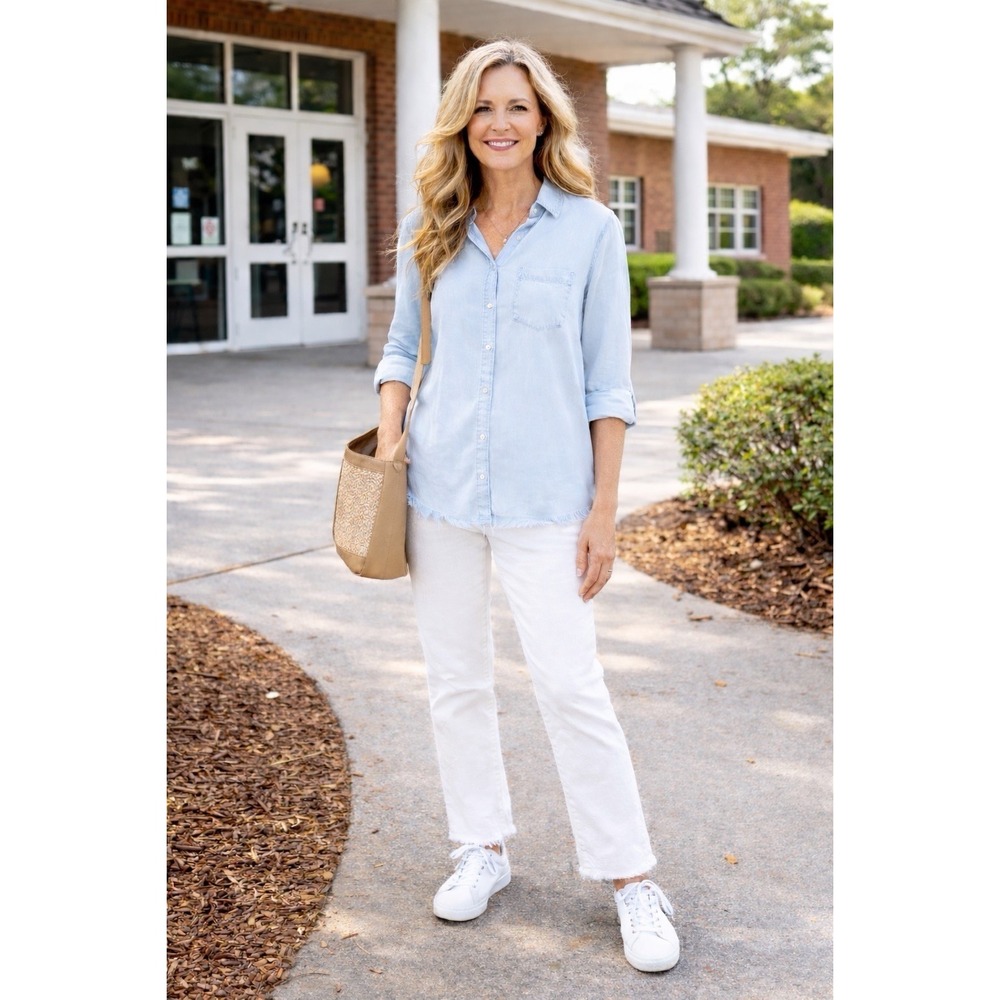 Dear John Chambray Blouse Small Light Blue Tercel Button Front Raw Hem